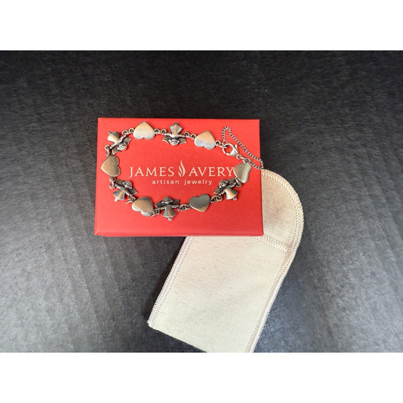 Retired James Avery Sterling Silver Heart and Angel Link Bracelet w/Safety Chain - Picture 5 of 13